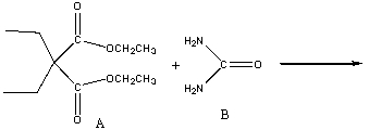 Barbital, used as a sedative, is synthesized from diethyl 2,2-diethyl malonate (A) and urea(B). Provide the structure for barbital.  