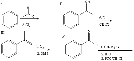 Which of the following reactions will produce acetophenone as a major product?   A)  I B)  II C)  III D)  IV E)  all of these