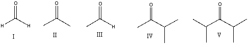 Which of the following compounds is least reactive towards nucleophilic addition reaction?   A)  I B)  II C)  III D)  IV E)  V
