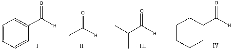 Which of the following compounds is least reactive towards nucleophilic addition reaction?   A)  I B)  II C)  III D)  IV E)  Both I & IV