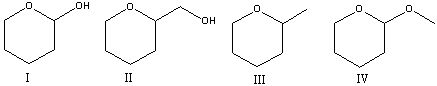 Which of the following compounds can be classified as an acetal?   A)  I B)  II C)  III D)  IV E)  none of these