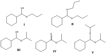 Provide the structure of the product, when cyclohexanecarbaldehyde reacts with excess 2-propanol in the presence of sulfuric acid.   A)  I B)  II C)  III D)  IV E)  V