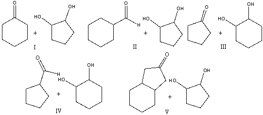 Which one of the following pairs of compounds will yield the following product in the presence of sulfuric acid?     A)  I B)  II C)  III D)  IV E)  V