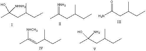 Predict the product, when 4-methyl-2-hexanone reacts with hydrazine in the presence of an acid catalyst.   A)  I B)  II C)  III D)  IV E)  V