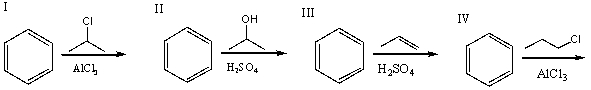 Which of the following reactions would produce isopropylbenzene as the major product?   A)  I B)  II C)  III D)  IV E)  all of these