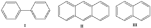What is the correct order of the names for the following compound?   A)  I-naphthalene; II-triphenyl; III-biphenyl B)  I-naphthalene; II-phenanthrene; III-biphenyl C)  I-biphenyl; II-anthracene; III-naphthalene D)  I-naphthalene; II-anthracene; III-biphenyl E)  I-biphenyl; II- phenanthrene; III-naphthalene
