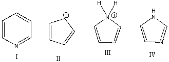 Which one of the following compound is antiaromatic?   A)  I B)  II C)  III D)  IV E)  none of these