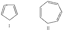 The pK<sub>a</sub><sub> </sub>of cyclopentadiene (I) and cycloheptatriene (II) is around 16 and 36 respectively. Explain the difference in the two pK<sub>a</sub> values.  