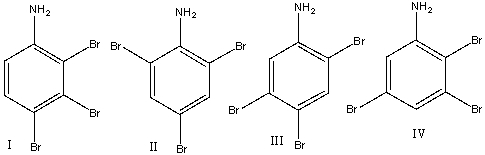 Which of the following isomer(s)  of tribromoaniline will show two doublets with 7.5 Hz coupling in <sup>1</sup>H NMR spectrum?   A)  I B)  II C)  III D)  IV E)  II & IV
