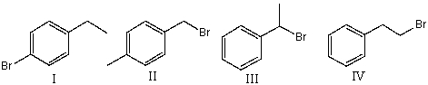  Which of the following structures with molecular formula C<sub>8</sub>H<sub>9</sub>Br, is consistent with the following <sup>1</sup>H NMR spectrum. <sup>1</sup>H NMR: 2.8  \delta  (triplet, I=2H) , 4.65  \delta  (triplet, I=2H) , 7.2  \delta (multiplet, I=5H)    A)  I B)  II C)  III D)  IV E)  none of these 
