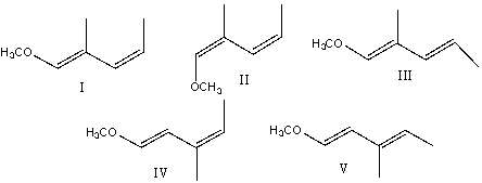 Provide the structure for (1E,3Z) -1-methoxy-2-methyl-1,3-pentadiene.   A)  I B)  II C)  III D)  IV E)  V