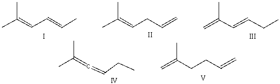 Which one of the following dienes will have the lowest heat of hydrogenation?   A)  I B)  II C)  III D)  IV E)  V