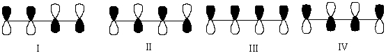  Which one of the following represents the lowest energy   \pi -bonding molecular orbital of 1,3-butadiene?   A)  I B)  II C)  III D)  IV 