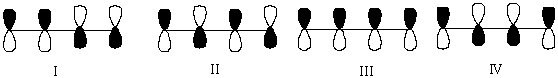  Which one of the following represents the highest energy   \pi -antibonding molecular orbital of 1,3-butadiene?   A)  I B)  II C)  III D)  IV 