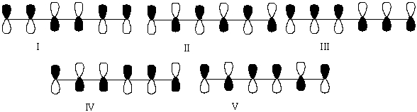 Which one of the following represents the HOMO of 1,3,5-hexatriene?   A)  I B)  II C)  III D)  IV E)  V
