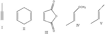 Which one of the following dienophiles is most reactive in the Diels-Alder reaction?   A)  I B)  II C)  III D)  IV E)  V