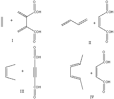 Which diene and dienophile would react to give the following Diels-Alder product?     A)  I B)  II C)  III D)  IV