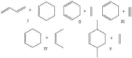 Which diene and dienophile would react to give the following Diels-Alder product?     A)  I B)  II C)  III D)  IV E)  V