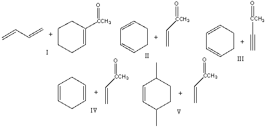 Which diene and dienophile would react to give the following Diels-Alder product?     A)  I B)  II C)  III D)  IV E)  V
