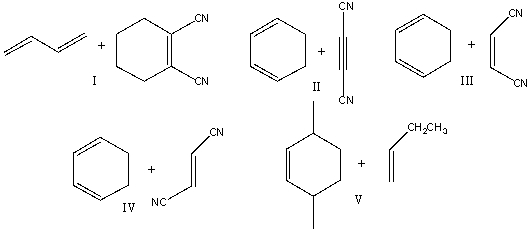 Which diene and dienophile would react to give the following Diels-Alder product?     A)  I B)  II C)  III D)  IV E)  V