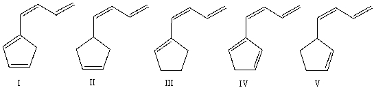  Which of the following compounds has the longest  \lambda <sub>max</sub>?   A)  I B)  II C)  III D)  IV E)  V 