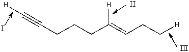 Rank absorption of the indicated bonds in decreasing (highest to lowest)  order of wavenumber.   A)  III>II>I B)  I>II>III C)  II>I>III D)  III>I>II E)  none of these