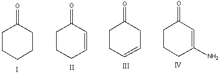 Which one of the following compounds will have the lowest wavenumber for carbonyl absorption?   A)  I B)  II C)  III D)  IV E)  none of these