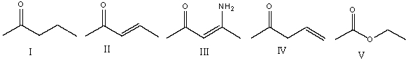 Which one of the following compounds will have the lowest wavenumber for carbonyl absorption?   A)  I B)  II C)  III D)  IV E)  V