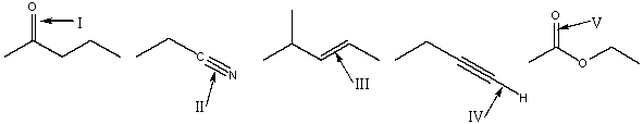 Rank absorption of the indicated bonds in decreasing (highest to lowest)  order of wavenumber.   A)  I>V>II>IV>III B)  IV>II>I>V>III C)  II>I>V>III>IV D)  IV>I>V>II>III E)  IV>II>V>I>III