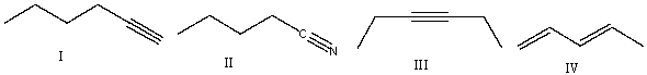 Which of the following compounds will show two sharp absorption at 3300 cm<sup>-1</sup> and at 2150 cm<sup>-1</sup>?   A)  I B)  II C)  III D)  IV E)  none of these