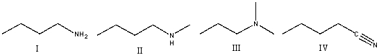Which of the following compounds will show an absorption at 2250 cm<sup>-1</sup>?   A)  I B)  II C)  III D)  IV E)  none of these