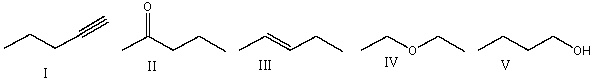 Which of the following compounds will show absorptions at 1640 cm<sup>-1</sup>, 2950 cm<sup>-1 </sup>and 3050 cm<sup>-1</sup> on the IR spectrum?   A)  I B)  II C)  III D)  IV E)  V