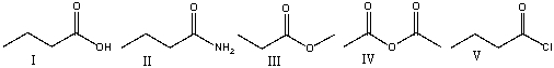 Which of the following compounds will have two absorptions at 1820 cm<sup>-1</sup> and 1740cm<sup>-1</sup>?   A)  I B)  II C)  III D)  IV E)  V
