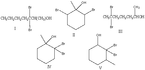 What is the correct structure for 2,2-dibromo-1-methylcyclohexanol?   A)  I B)  II C)  III D)  IV E)  V