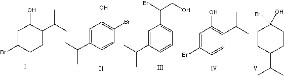 What is the correct structure for 2-bromo-5-isopropylphenol?   A)  I B)  II C)  III D)  IV E)  V