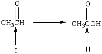 What is the oxidation state of the carbon atoms I and II in the following reaction?   A)  I. +1, II. +2 B)  I. +2, II. +2 C)  I. +1, II. +3 D)  I. +3, II. +2 E)  I. +2, II. +1