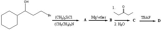 Predict the structure of each product(A-D) for the following reaction sequence.  