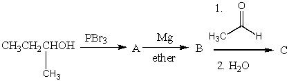 Provide the structure for each product (A-C) in the following reaction sequence.  