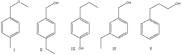 A compound with a molecular formula C<sub>9</sub>H<sub>12</sub>O has the following <sup>1</sup>HNMR spectrum. Which of the following structures is consistent with this spectrum?     A)  I B)  II C)  III D)  IV E)  V
