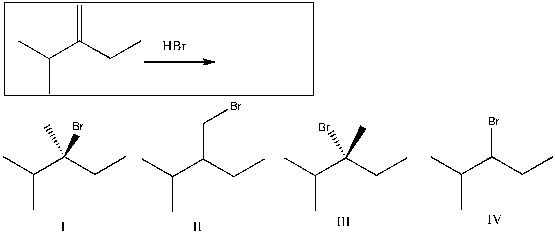 Predict the major product(s)  for the following reaction:   A)  I B)  II C)  III D)  IV E)  I and III
