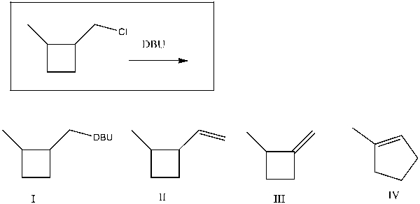 Provide the major product(s)  obtained from the following reaction:   A)  I B)  II C)  III D)  IV E)  II and IV