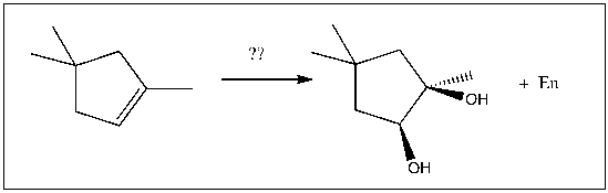 For the transformation shown, select the most appropriate reagent(s)  to effect the change.   A)  1)  OsO<sub>4</sub>; 2)  NaHSO<sub>3</sub>, H<sub>2</sub>O B)  1)  Hg(OAc) <sub>2</sub>, H<sub>2</sub>O; 2)  NaBH<sub>4</sub> C)  1)  RCO<sub>3</sub>H; 2)  H<sub>3</sub>O<sup>+</sup> D)  H<sub>2</sub>SO<sub>4</sub>, H<sub>2</sub>O E)  1)  O<sub>3</sub>; 2)  DMS