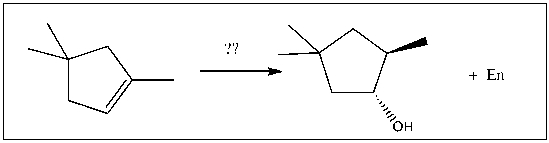 For the transformation shown, select the most appropriate reagent(s)  to effect the change.   A)  1)  OsO<sub>4</sub>; 2)  NaHSO<sub>3</sub>, H<sub>2</sub>O B)  1)  Hg(OAc) <sub>2</sub>, H<sub>2</sub>O; 2)  NaBH<sub>4</sub> C)  1)  RCO<sub>3</sub>H; 2)  H<sub>3</sub>O<sup>+</sup> D)  1)  BH<sub>3</sub>∙THF; 2)  H<sub>2</sub>O<sub>2</sub>, NaOH E)  1)  O<sub>3</sub>; 2)  DMS