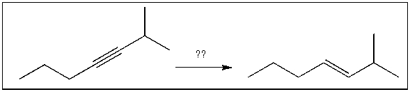 For the transformation shown, select the most appropriate reagent(s)  to effect the change.   A)  1)  OsO<sub>4</sub>; 2)  NaHSO<sub>3</sub>, H<sub>2</sub>O B)  NaNH<sub>2</sub> C)  H<sub>2</sub>, Pt D)  Na, NH<sub>3</sub>(l)  E)  H<sub>2</sub>, Lindlar's catalyst