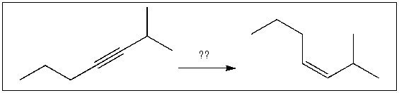 For the transformation shown, select the most appropriate reagent(s)  to effect the change.   A)  1)  OsO<sub>4</sub>; 2)  NaHSO<sub>3</sub>, H<sub>2</sub>O B)  NaNH<sub>2</sub> C)  H<sub>2</sub>, Pt D)  Na, NH<sub>3</sub>(l)  E)  H<sub>2</sub>, Lindlar's catalyst