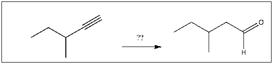 For the transformation shown, select the most appropriate reagent(s)  to effect the change.   A)  1)  OsO<sub>4</sub>; 2)  NaHSO<sub>3</sub>, H<sub>2</sub>O B)  1)  Hg(OAc) <sub>2</sub>, H<sub>2</sub>O; 2)  NaBH<sub>4</sub> C)  H<sub>2</sub>, Pt D)  1)  9-BBN; 2)  H<sub>2</sub>O<sub>2</sub>, NaOH E)  1)  O<sub>3</sub>; 2)  DMS