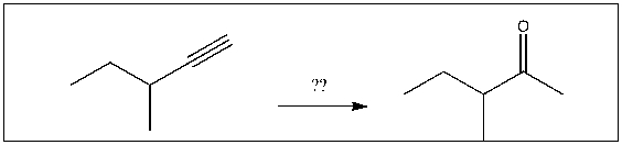 For the transformation shown, select the most appropriate reagent(s)  to effect the change.   A)  1)  OsO<sub>4</sub>; 2)  NaHSO<sub>3</sub>, H<sub>2</sub>O B)  H<sub>2</sub>SO<sub>4</sub>, H<sub>2</sub>O, HgSO<sub>4</sub> C)  H<sub>2</sub>, Pt D)  1)  9-BBN; 2)  H<sub>2</sub>O<sub>2</sub>, NaOH E)  1)  O<sub>3</sub>; 2)  DMS