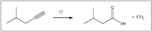 For the transformation shown, select the most appropriate reagent(s)  to effect the change.   A)  1)  OsO<sub>4</sub>; 2)  NaHSO<sub>3</sub>, H<sub>2</sub>O B)  H<sub>2</sub>SO<sub>4</sub>, H<sub>2</sub>O, HgSO<sub>4</sub> C)  NaOH D)  xs NaNH<sub>2</sub> E)  1)  O<sub>3</sub>; 2)  H<sub>2</sub>O