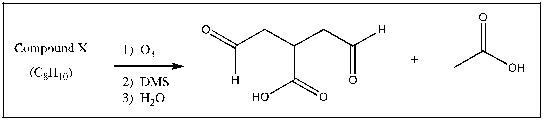 Compound X has molecular formula C<sub>8</sub>H<sub>10</sub>. Reaction of Compound X with excess ozone, followed by reaction with dimethyl sulfide and then washing with water produces only the compounds shown below. Draw a possibility for Compound X that is consistent with these results.  