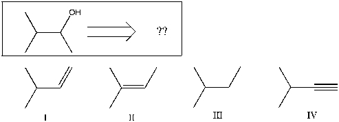 Using retrosynthetic synthesis, determine which compound(s)  could lead to the alcohol shown below in a single step:   A)  I B)  II C)  III D)  IV E)  I or II )  I, II, or IV